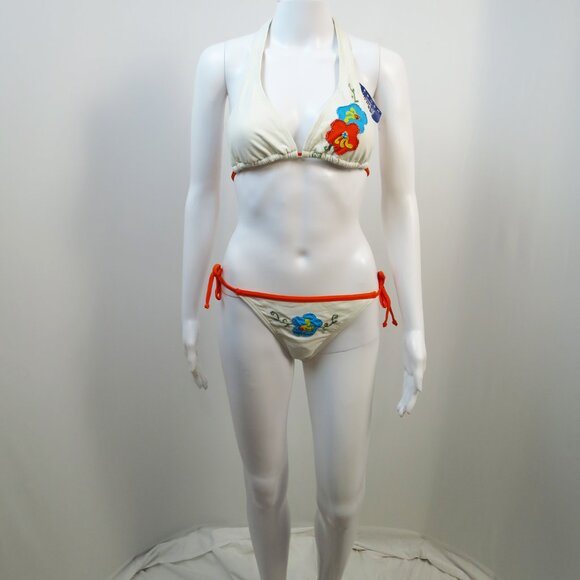 Christina 2-Piece Swimsuit White with Floral Appliqué Beading Embroidery Size M - Picture 3 of 16